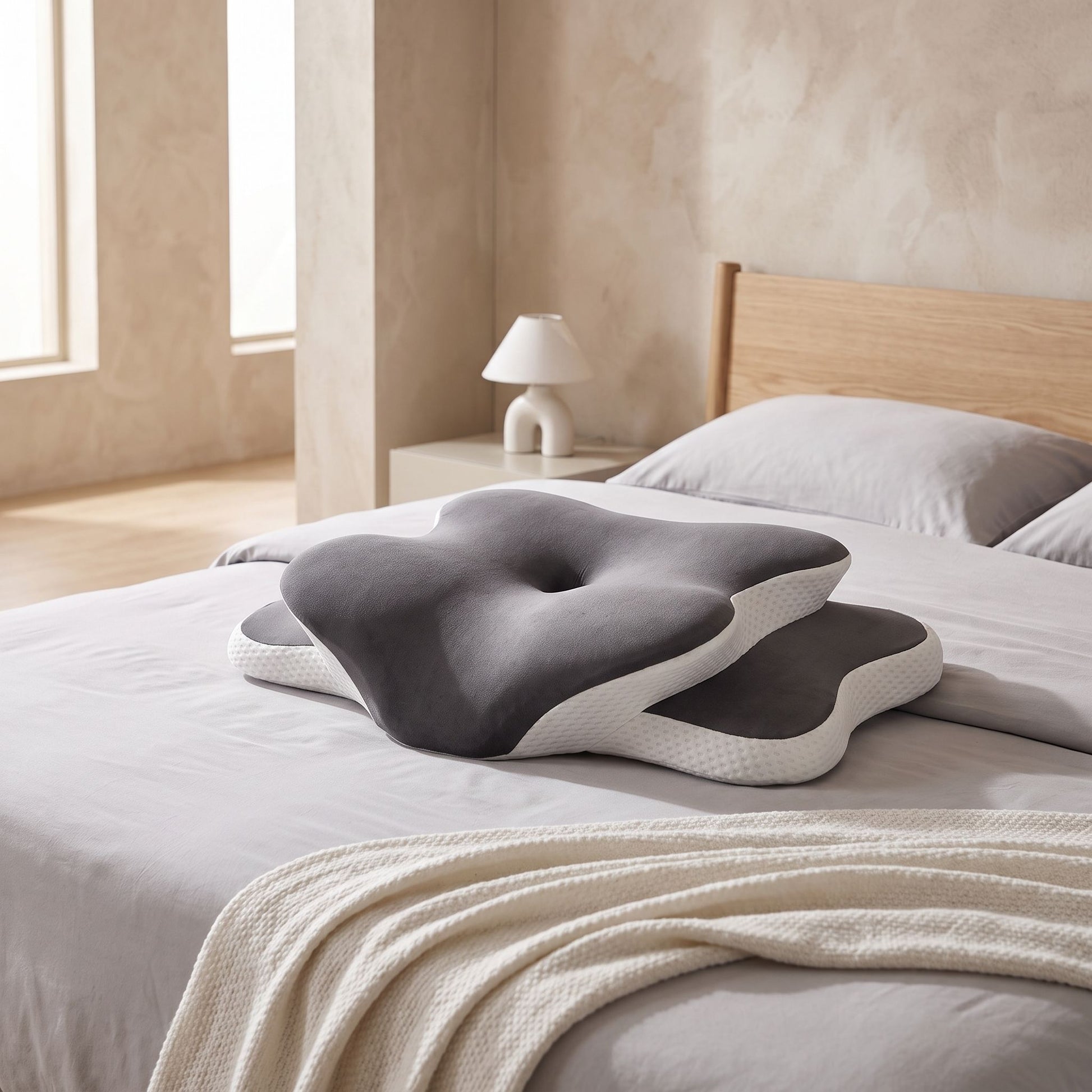 Full view of ergonomic memory foam pillow on modern bed highlighting supportive shape and plush surface in inviting bedroom setting.