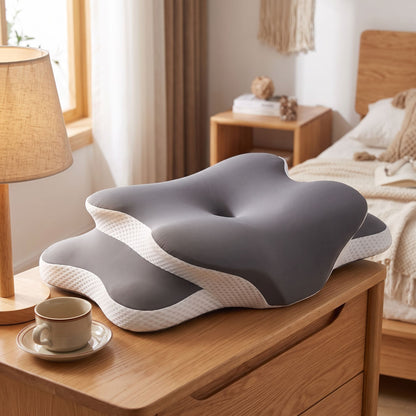 Perspective of memory foam pillow on nightstand next to reading lamp and tea cup, emphasizing texture and ergonomic design.